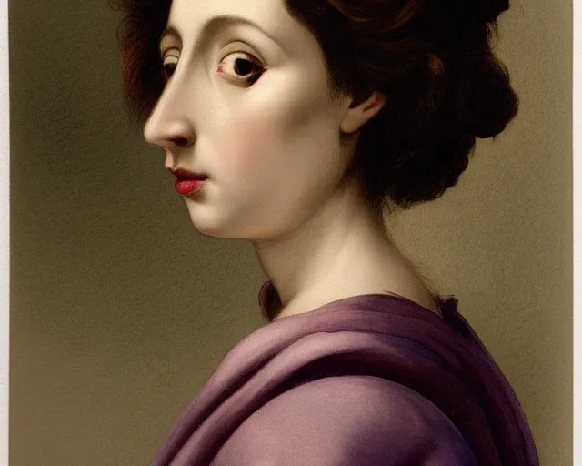 Prompt: colored portrait. a very unique profile, seen from the side, medium shot, of a woman's profile, with sharp face, a straight and very long nose, and huge prominent eyes. her hair is curly. old photograph. sharp image. watercolor. highly detailed, color harmony, art station, ornate, caravaggio style. old photography