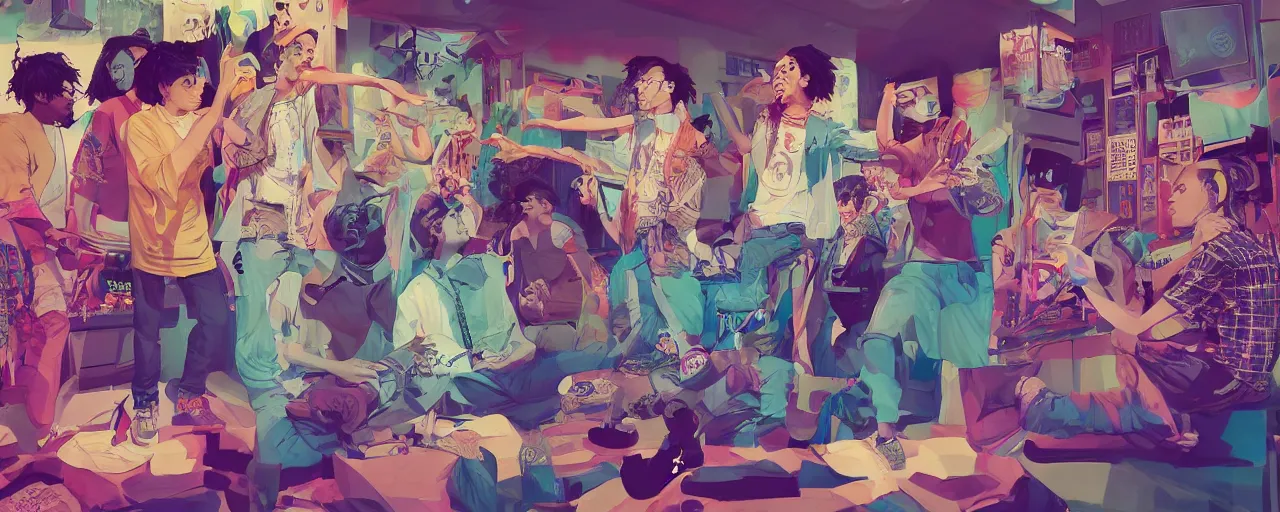 Image similar to four friends rapping with microphone in living room, epic pose, white people, Asian people, Hispanic people, Indian people, silhouetted, distinct, digital art, vaporwave, psychedelic, surreal, trending on Artstation, professional artist, detailed, 4k