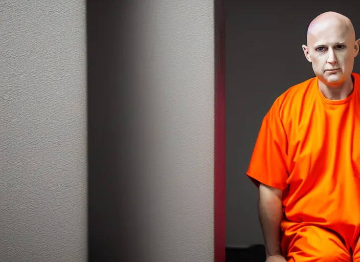 Image similar to photo of bald!!! donald trump!!! shaved head no hair!!! no hair!!! sitting in a jail cell wearing an orange jumpsuit, defocused bars in the foreground, 8 k, 8 5 mm f 1. 8