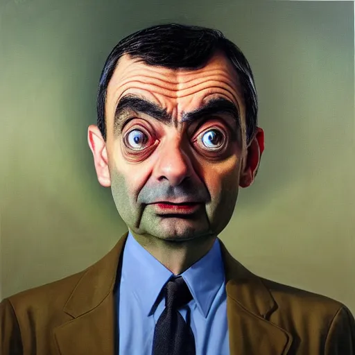 Image similar to a realistic oil painting of mr bean as a cybernetic cyborg, surrealism portrait, surrealism album cover