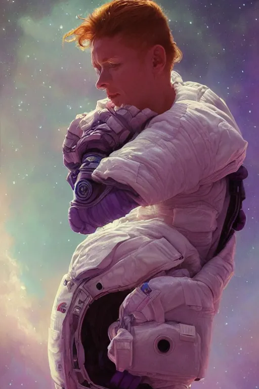 Image similar to A mystical mesmerizing 8k hyperrealistic Photo Portrait of an astronaut transforming into a purple haze, soft, sharp focus, detailed, art by Greg Rutkowski and artgerm and Alphonse Mucha