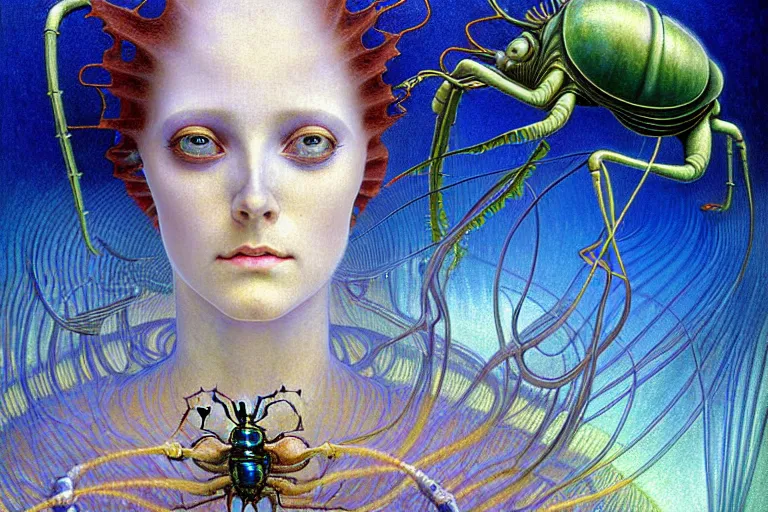 Image similar to realistic extremely detailed portrait closeup painting of a ghost woman with a beetle, futuristic sci-fi landscape on background by Jean Delville, Amano, Yves Tanguy, Alphonse Mucha, Ernst Haeckel, Edward Robert Hughes, Roger Dean, rich moody colours, blue eyes