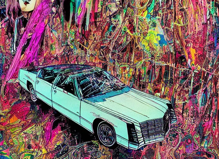 Image similar to psychedelic cadillac illustrations by ralph steadman and bill sienkiewicz and carne griffiths