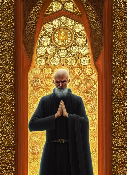 Image similar to grigori raspoutine praying in the mosque, intricate, elegant, highly detailed, my rendition, digital painting, artstation, concept art, smooth, sharp focus, illustration, art by artgerm and greg rutkowski and alphonse mucha and uang guangjian and gil elvgren and sachin teng,