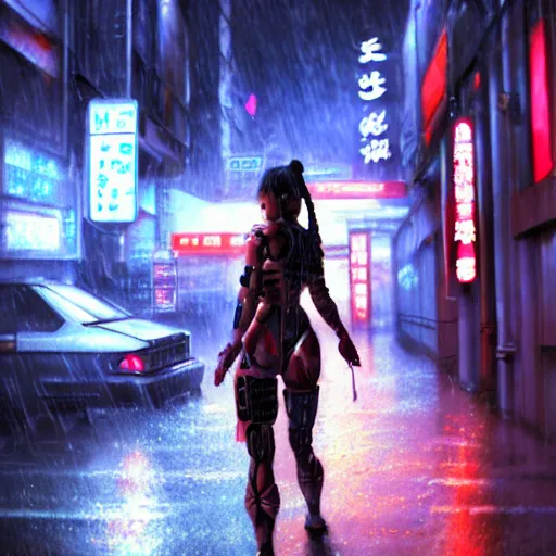 Image similar to An epic comic hyperrealistic cg painting of a cyber samurai girl, attractive, faces and details painted by painted by craig mullins, cyberpunk style color, heavy rainning at tokyo street night, neon lights all around, Matte painting, smoke, cinematic lighting, directional lights, corona render, arnold render, movie concept art, 8k, RPG portrait, Concept world, rim lights, phtotrealistic, hdri