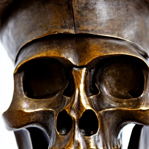 Image similar to close up shot of an old bronze patina statue of a skull wearing a samurai hat in a museum