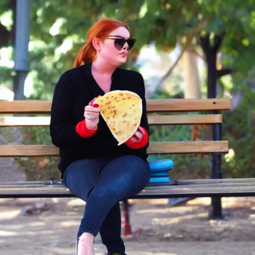 Image similar to fat lindsay lohan sitting on a bench eating tacos