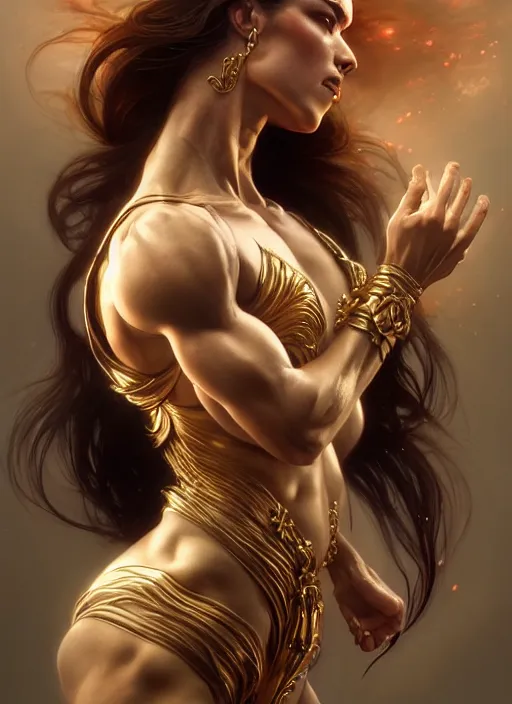 Image similar to muscular goddess dancer of the underworld, severe expression, crooked nose, shiny, intricate, elegant, highly detailed, ultra definition, digital painting, artstation, vray, concept art, smooth, high speed photography, illustration, art by artgerm and greg rutkowski and alphonse mucha and james jean