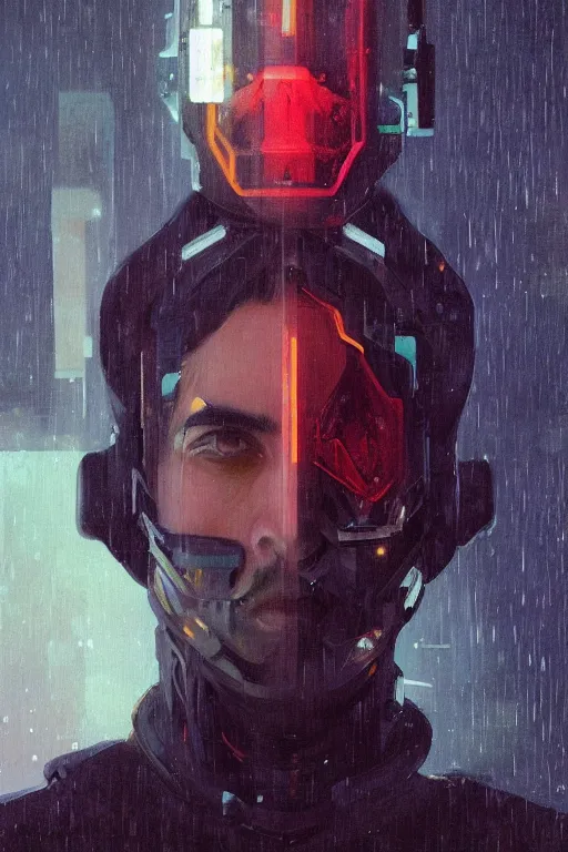 Image similar to a full body portrait oil painting illustration of rahul kohli by justin sweet and greg rutkowski and alphonse mucha with face and body clearly visible, techwear, futuristic, cyberpunk, raining! artstation trending, high quality, colourful! artstation trending, abstract colours, no crop, entire character!,