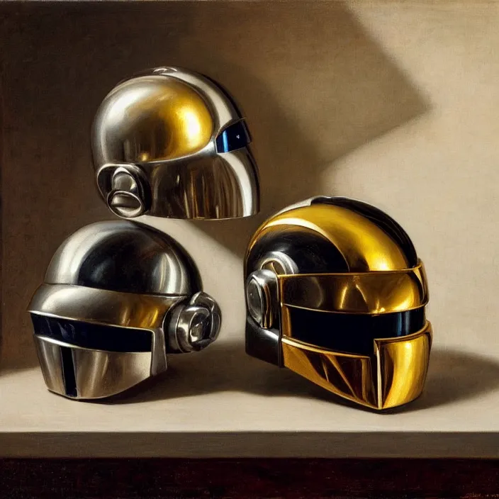 Image similar to still life painting of a daft punk helmets by pieter claesz, oil on canvas, strong lighting, highly detailed, hyper realism, golden hour, god rays, hd, 4 k