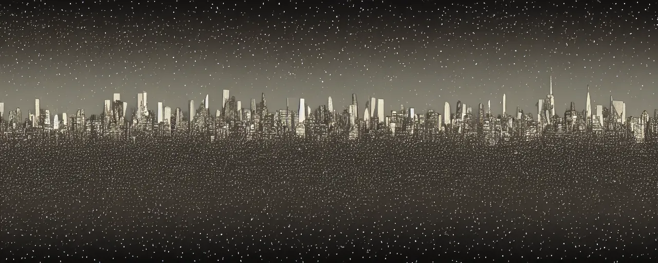 Prompt: digital art graphic of clusters and constellations of data in the outline of the New York City skyline. texture and pattern of an audio waveform. 4k unreal engine.