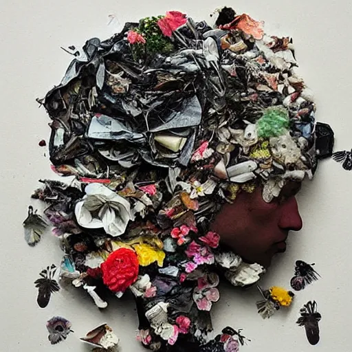 Prompt: “details analogue photo flower made of garbage and body parts”