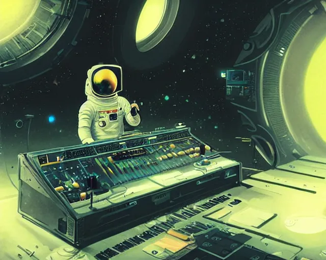 Prompt: an astronaut in a recording studio, looking at a glowing computer screen, using roland tr - 8 0 8, zero - gravity, [ everything is floating ]!!!, illustrated by greg rutkowski, [ digital art, synthwave art style ]!!
