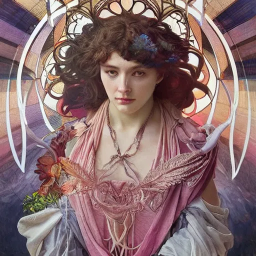 Image similar to hyperrealistic detailed seraphim with cinematic sharp focus 8 k in style of alfons mucha