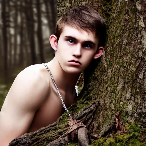 Prompt: a teenage boy, around 1 9 years old with necklace, natural brown hair, loincloth, pale skin, detailed face. crying in ominous and eerie looking forest. natural colors. realistic photo.