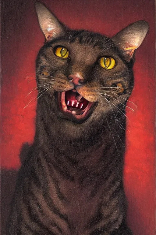 Prompt: medium - shot, moody reddish hybrid of a cat and a bat yawns wide, with fangs, symmetrical, cinematic lighting, highly detailed, digital art, oil painting, highly detailed, sharp focus, matte painting, masterpiece, renaissance painting, by kinkade, by alphonse mucha, by leyendecker, by vermeer,