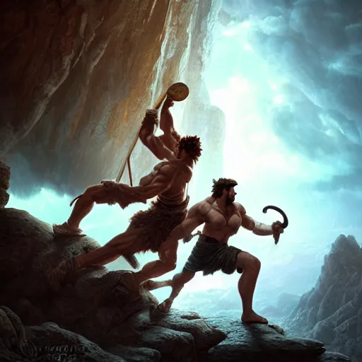 Image similar to Hercules in an intense fight against Perseus over a cliff, artwork by Stefan Kopinski and Guillem H. Pongiluppi, photo realistic, atmospheric lighting, HDR, high detail