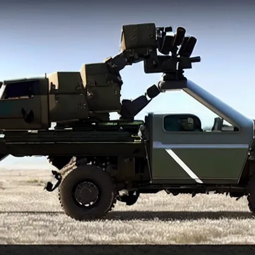 Image similar to weaponized self driving car by google equipped with multiple rocket launcher system