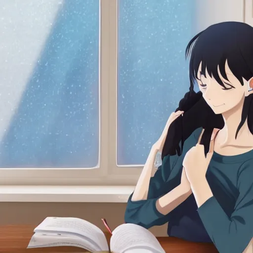 Prompt: Anime painting of a black haired girl wearing headphones while studying in her warm cozy home, behind her a cold window, by makoto shinkai, relaxed, calm, trending on artstation, kimi no na wa
