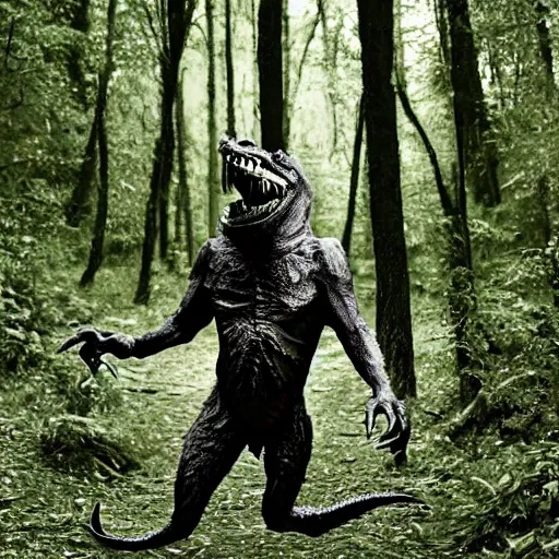 Image similar to werecreature consisting of a human and crocodile, photograph captured in a forest