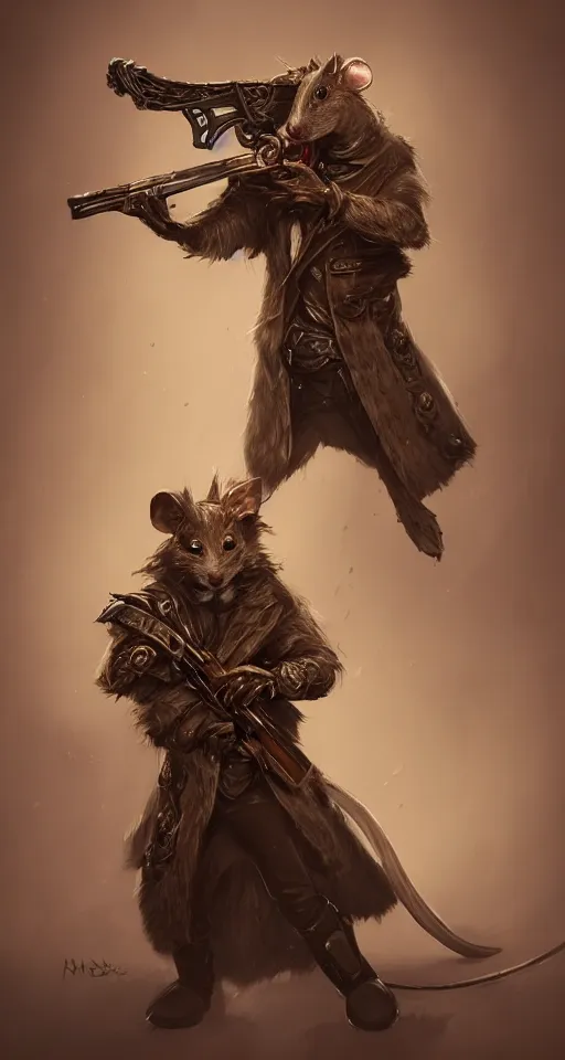 Prompt: a highly detailed illustration of a rat wearing a long coat holding a wooden shotgun, dramatic standing, intricate, elegant, highly detailed, centered, digital painting, artstation, concept art, smooth, sharp focus, league of legends concept art, wlop