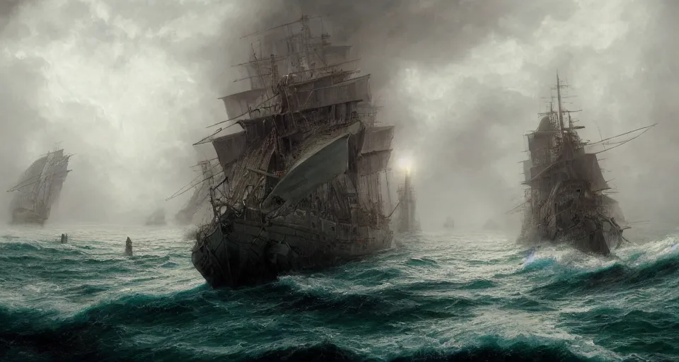 Image similar to giant enormous fierce sailing battleship, raging sea foggy, dramatic, action scene, stormy background, shipfleet on the horizon, high detail, greg rutkowski, james gurney, gene wolfe, gustave dore, jesper ejsing, rhads, makoto shinkai, ilya kuvshinov