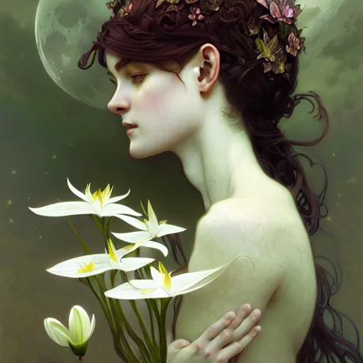 Prompt: A portrait of a fairy blessing moon lillies, fantasy, intricate, elegant, highly detailed, digital painting, artstation, concept art, smooth, sharp focus, illustration, art by Krenz Cushart and Artem Demura and Alphonse Mucha