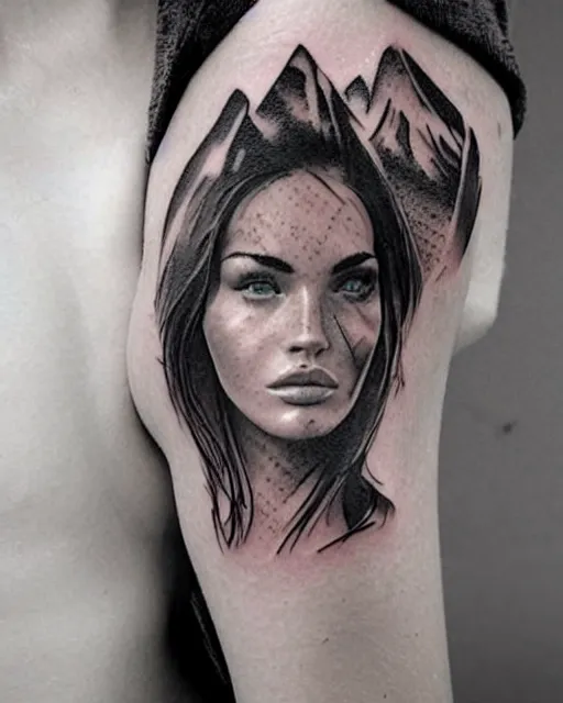 Image similar to creative double exposure effect tattoo design sketch of megan fox faded with beautiful mountain scenery, realism tattoo, in the style of matteo pasqualin, amazing detail, sharp