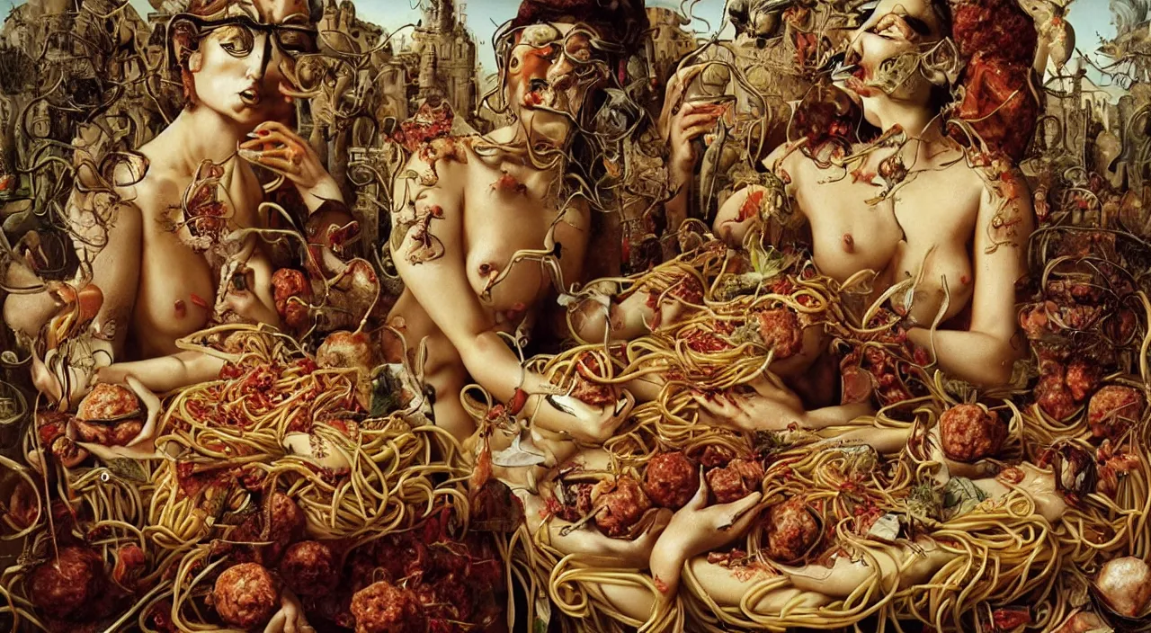 Prompt: illustration, bizarre compositions, blend of perfect woman bodies, spaghetti bolognesa, meatballs by dali, el bosco, exquisite detail