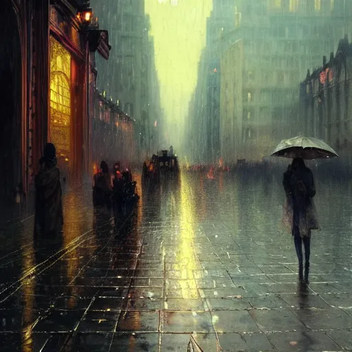 Image similar to a beautifull intricate city, wet sidewalk, peoples, reflexions, raindrops, high details by william turner art, greg rutkowski and alphonse mucha, trending on artstation, very very detailed, masterpiece,