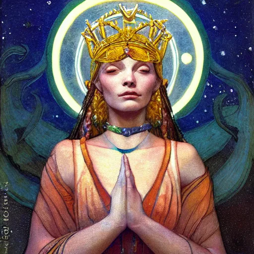 Image similar to queen of the moon with stars in her hair, by nicholas roerich and annie swynnerton and donato giancola and dulac, dramatic lighting, god rays, geometric tattoos, rich colors, smooth sharp focus, extremely detailed, leo and diane dillon, adolf wolfli