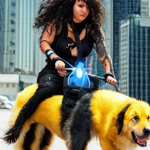 Prompt: a latin person with really curly mid length hair is wearing cyberpunk clothes and riding on top of a yellow Shepard dog