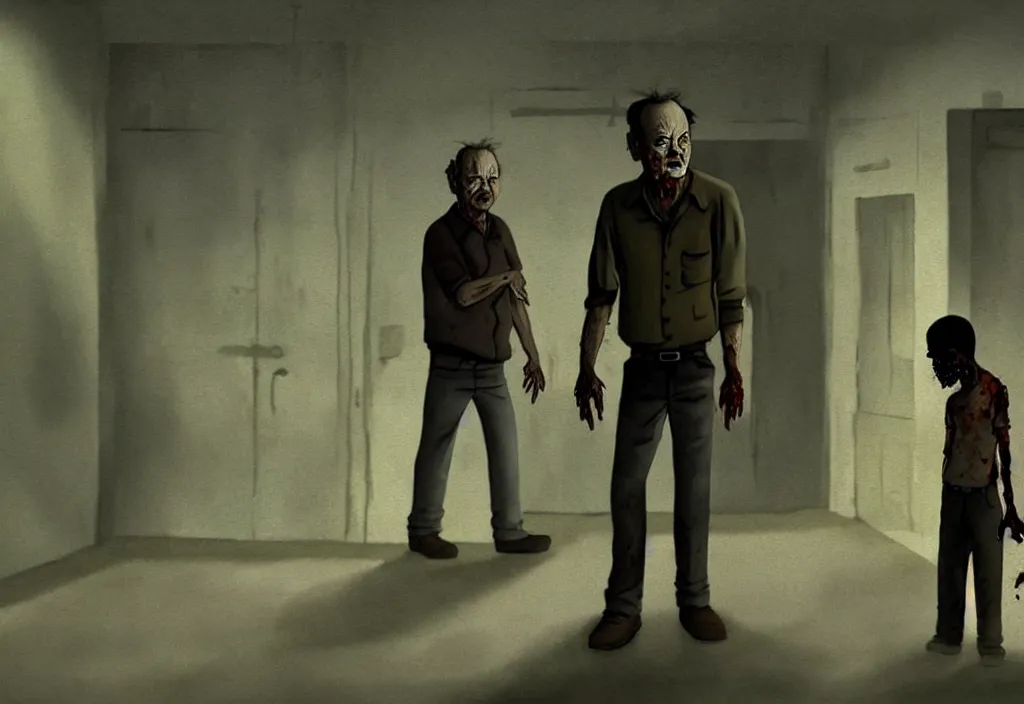 Image similar to cinematic movie still from an animated walking dead movie artwork by tim eitel, bill murray is a zombie in the scene, muted colours, cinematic lighting, abandoned buildings,