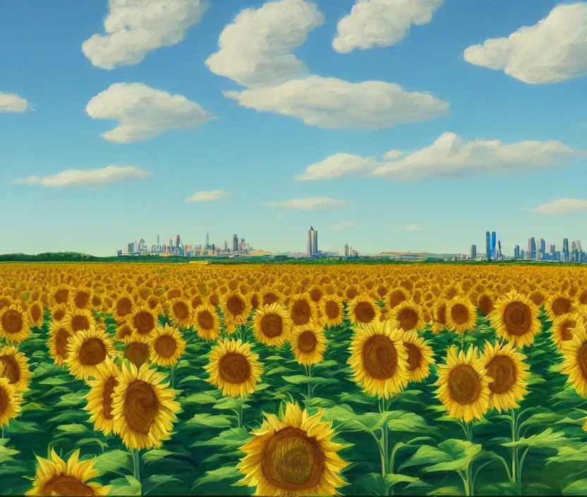 Prompt: a very detailed painting of a sunflower field, baby blue sky with very aesthetic stylized clouds, there is a big city with futuristic buildings in the back, there are mountains in the back, in the style of edward hopper and hugo pondz, very fine brushstrokes, 4 k,