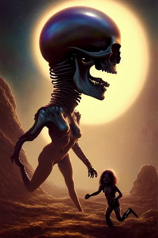 Prompt: a skull alien chase a girl on alien planet by karol bak, james jean, tom bagshaw, rococo, sharp focus, trending on artstation, cinematic lighting, hyper realism, octane render, 8 k, hyper detailed, vivid, ultra detailed, highly detailed