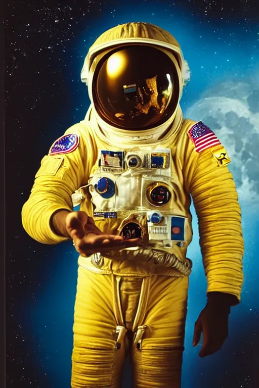 Prompt: extremely detailed studio portrait of space astronaut, holds a smart phone in one hand, phone!! held up to visor, reflection of phone in visor, moon, extreme close shot, soft light, golden glow, award winning photo by david lachapelle