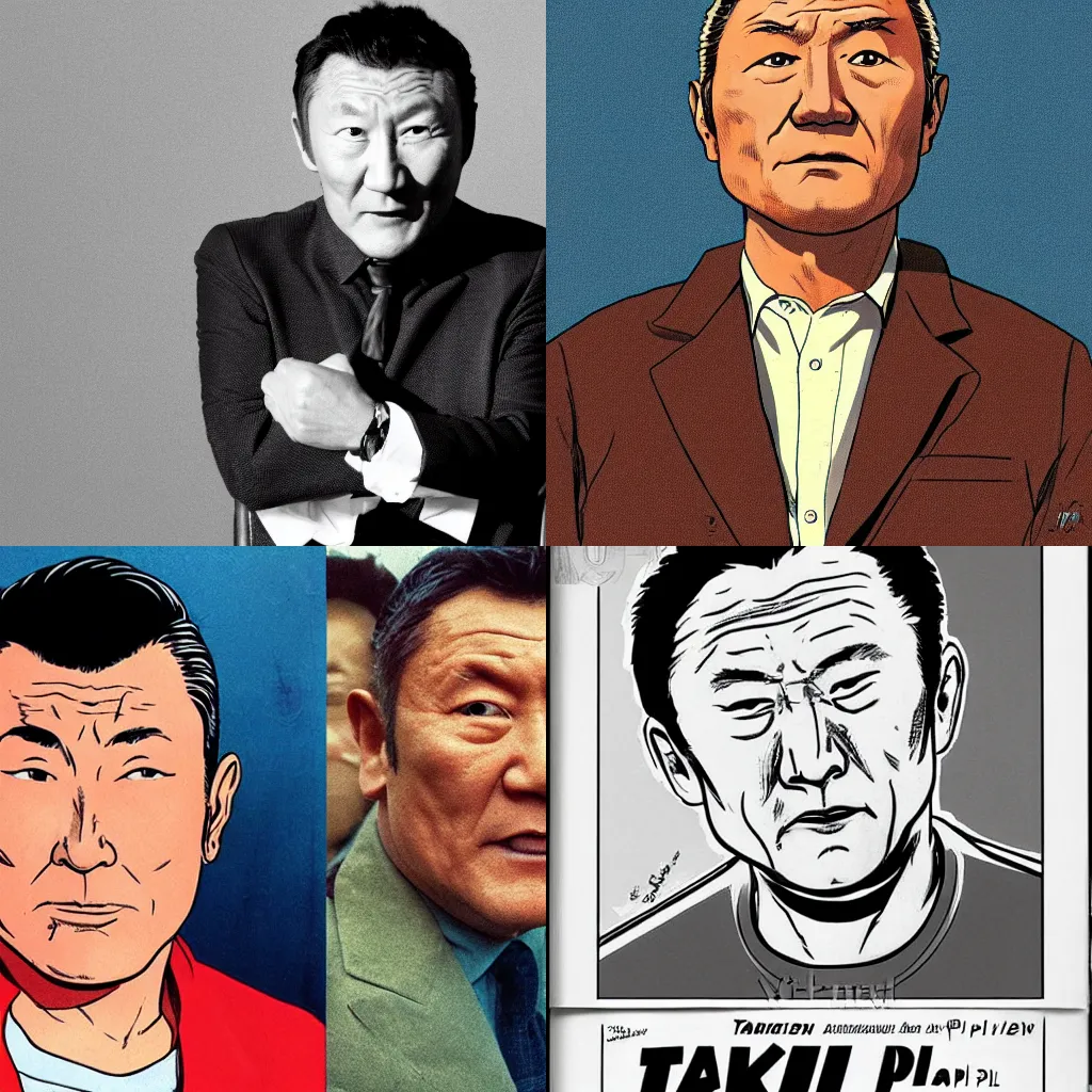 Prompt: well drown animation comics cover headshot portrait of takeshi kitano, from 1960 60s Metal Hurlant Pilote and Pif in Jean Henri Gaston Giraud