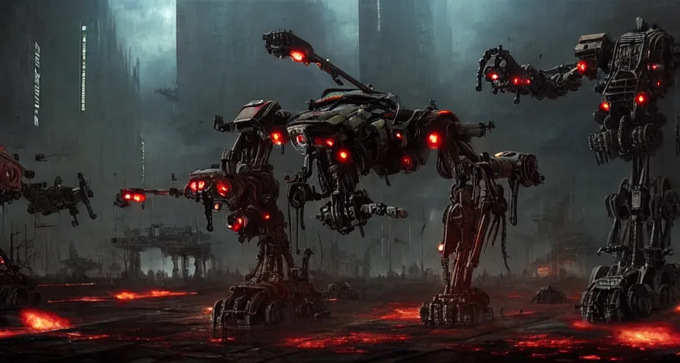 Image similar to zombie - flesh - battlemech, in a cyberpunk gothic city hyper realistic sci - fi matte concept art painting of dramatic cinematic scene, guns, missiles, explosions, beautiful details, strong composition painted by kim jung guweta studio rutkowski, james gurney and greg rutkowski, and lucasfilm, smooth, intricate, detailed, sharp focus, cinematic