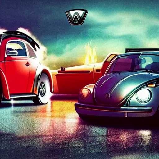 Image similar to back to the future with a volkswagen beetle, movie poster, epic lighting, eighties, sci - fi, artistic