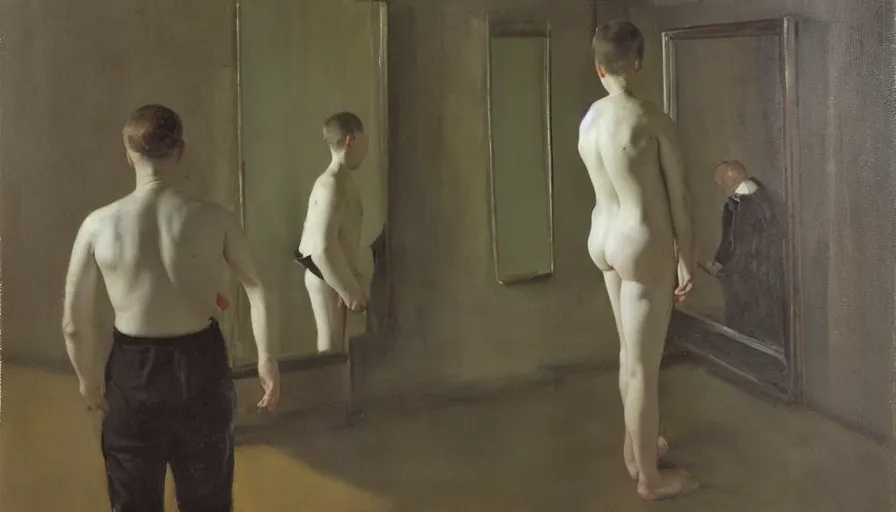 Image similar to painting by borremans, man back standing in front on the mirror and his back in the mirror, detailed, stunning