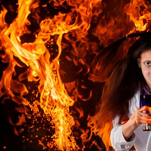 Prompt: long haired girl setting chemistry lab on fire, glassware on the foreground, fire on the background, realistic 4k photo image