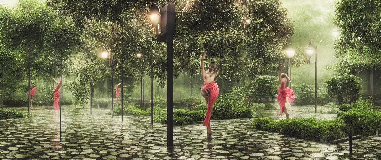 Image similar to raining at night pole lights woman dance group meditation emotion on javanese style garden, octane render, trees, evergreen, patio, garden, wet atmosphere, tender, soft light misty yoshitaka amano, and artgerm