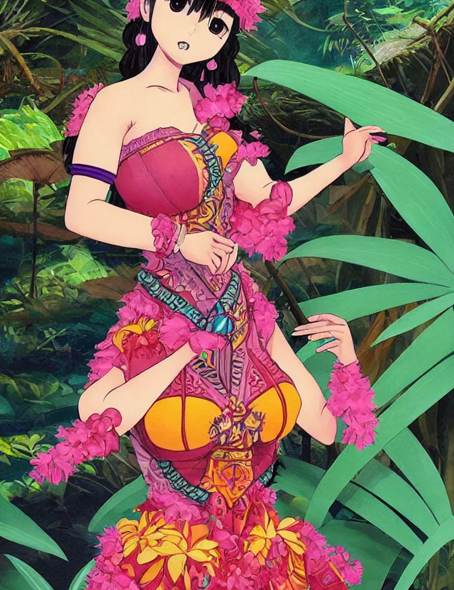 Prompt: plump aztec scifi princess of the orchid rainforest, wearing a lovely dress. this oil painting by the award - winning mangaka has an interesting color scheme, plenty of details and impeccable lighting.