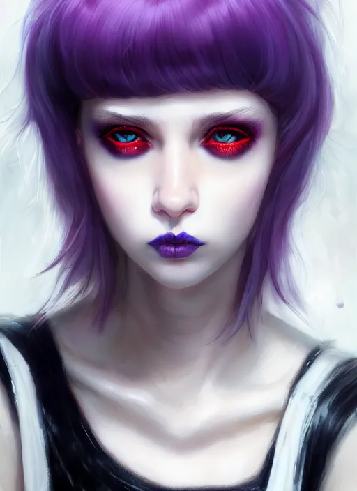 Image similar to portrait of white teenage girl, normal face, white bangs, mall goth, cyberlox, black and white hair, bangs, fluffy bangs, red contact lenses, purple lipstick, intricate, elegant, highly detailed, digital painting, artstation, concept art, sharp focus, smooth, illustration, art by wlop, mars ravelo and greg rutkowski