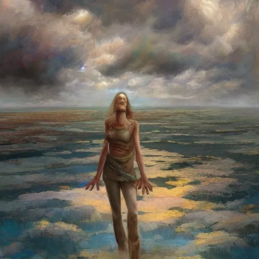 Image similar to woman stands on land that floats amongst the clouds, by jon foster