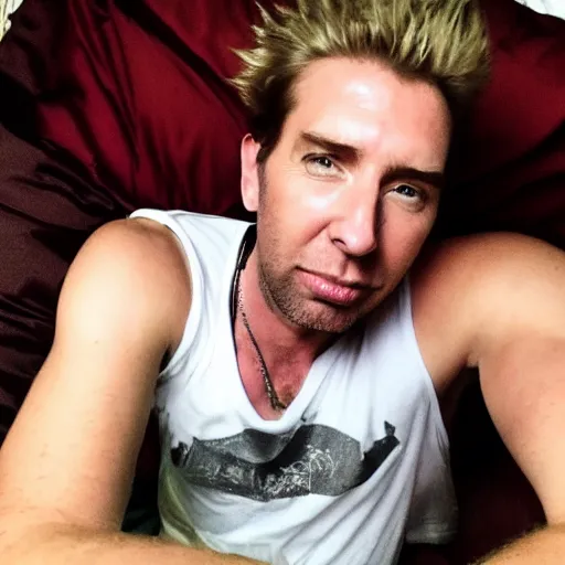 Image similar to chad kroeger snapchat selfie laying in bed with a black tanktop