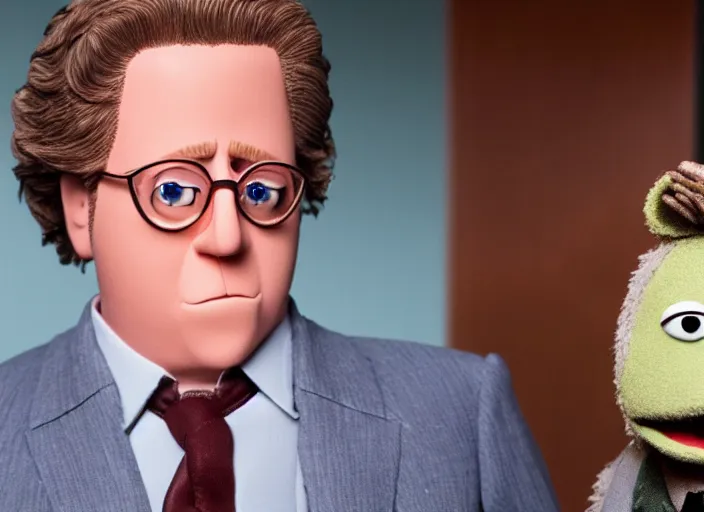 Image similar to film still of Robert California as a muppet from The Office, 4k