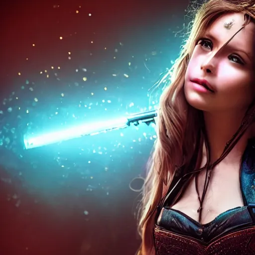 Prompt: heroine, beautiful, 8 k digital camera, sharp focus, ultra detailed, 8 k, sorceress woman, guns and magic, hd, movie still, character, realistic, portrait, 3 d, hyperrealistic