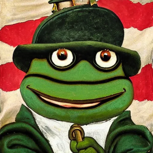 Prompt: pepe the frog in ww 1 military parade, schirmmutzen, pickelhaube, expressive oil painting in style of sandro botticelli and leonardo da vinci, uncropped