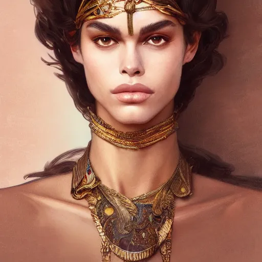 Image similar to Kaia Gerber as Cleopatra, intricate, elegant, highly detailed, digital painting, artstation, concept art, smooth, sharp focus, illustration, art by artgerm and greg rutkowski and alphonse mucha